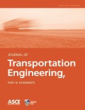 Journal of Transportation Engineering, Part B: Pavements cover with an image of a speeding tractor trailer on an orange background. The journal title, ASCE logo, and Transportation and Development Institute logo are displayed as well.
